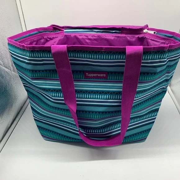 Tupperware Teal and Pink Striped Picnic Suitcase Women's Bag - Picture 3 of 7